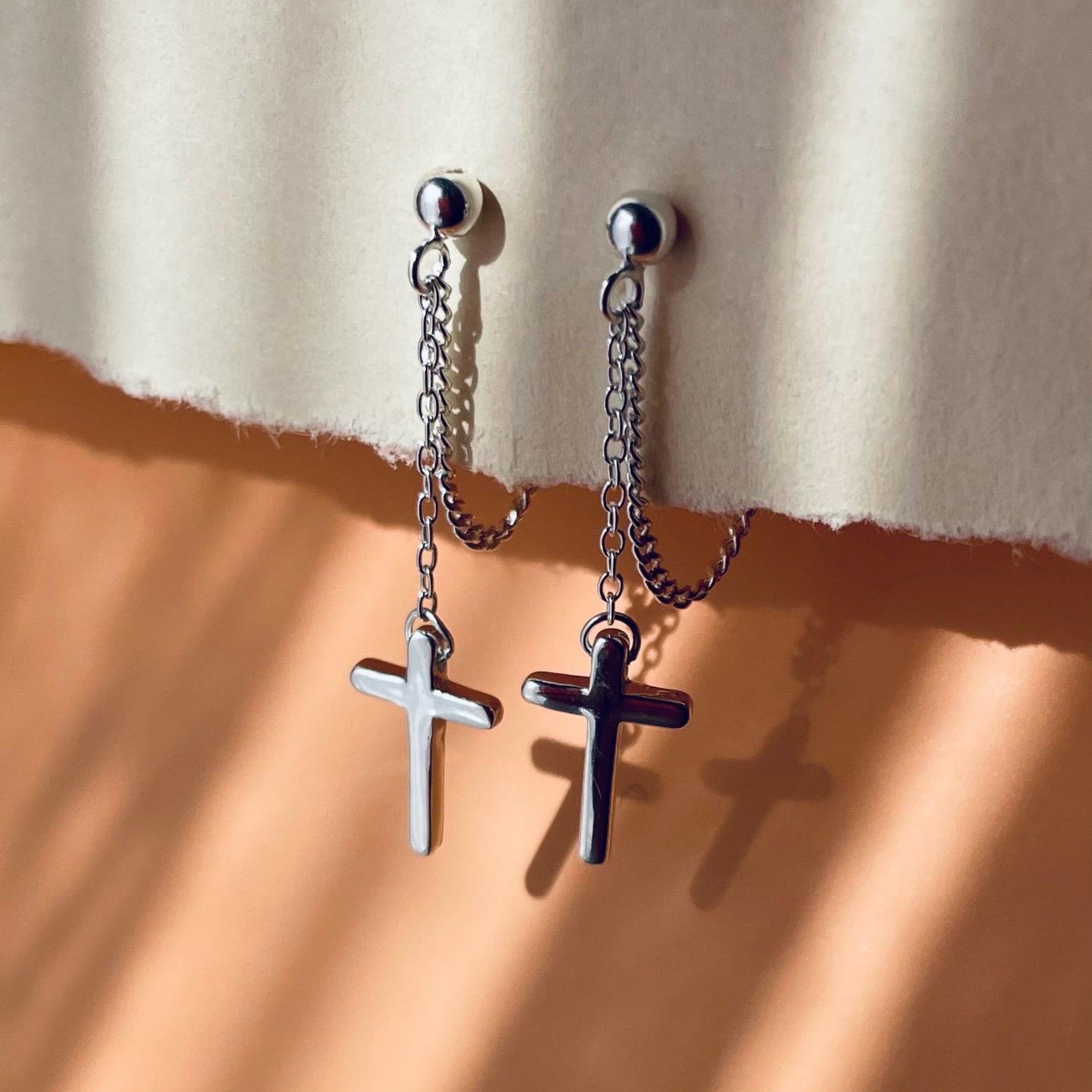 Silver Cross Chain Stud Earrings