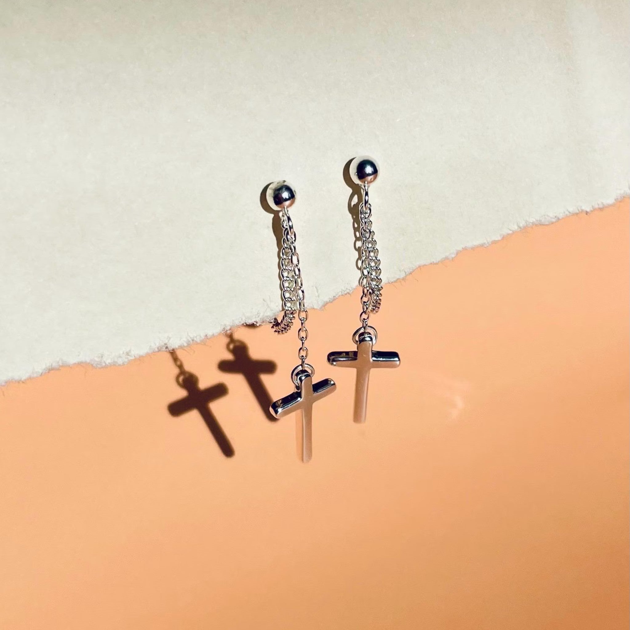 Silver Cross Chain Stud Earrings