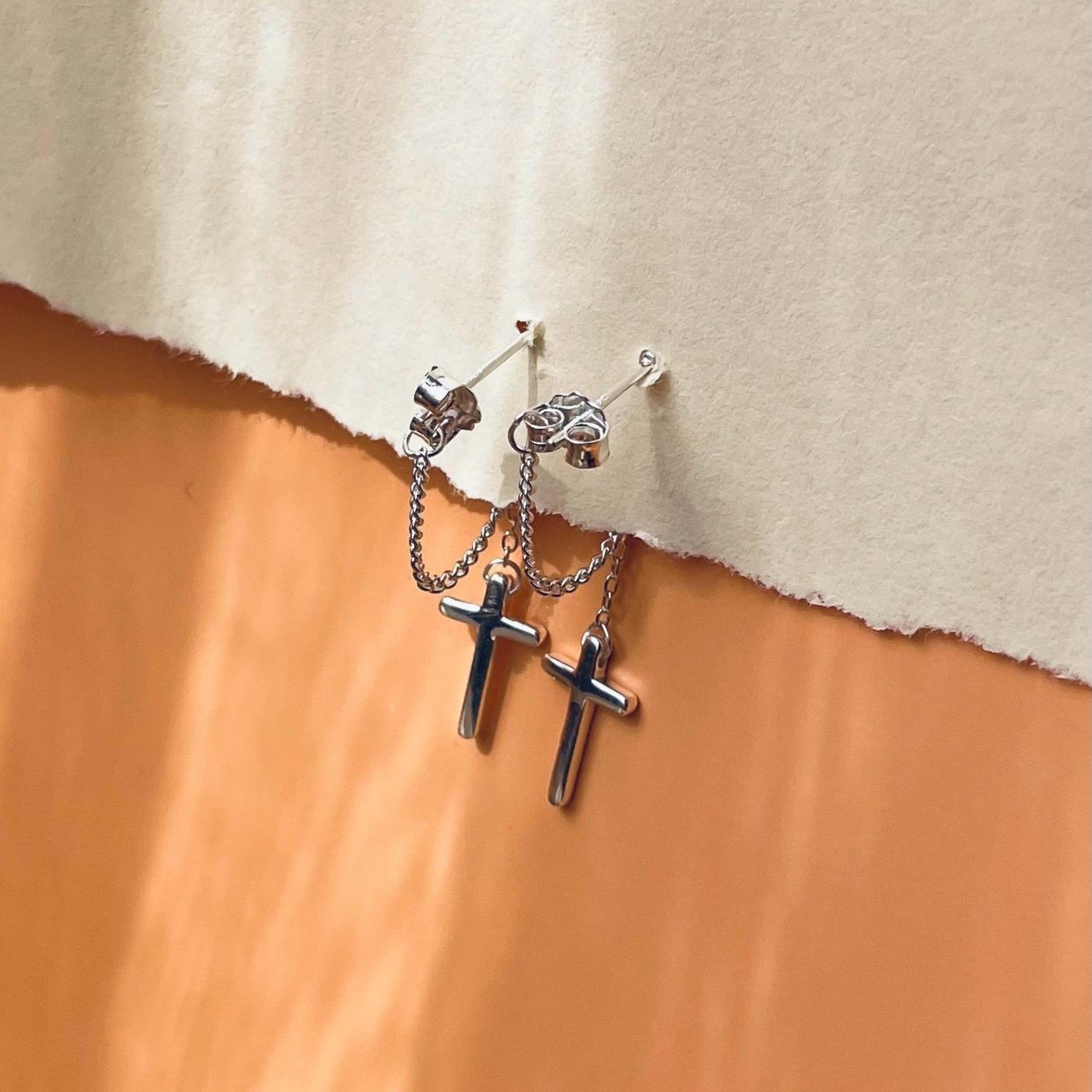 Silver Cross Chain Stud Earrings
