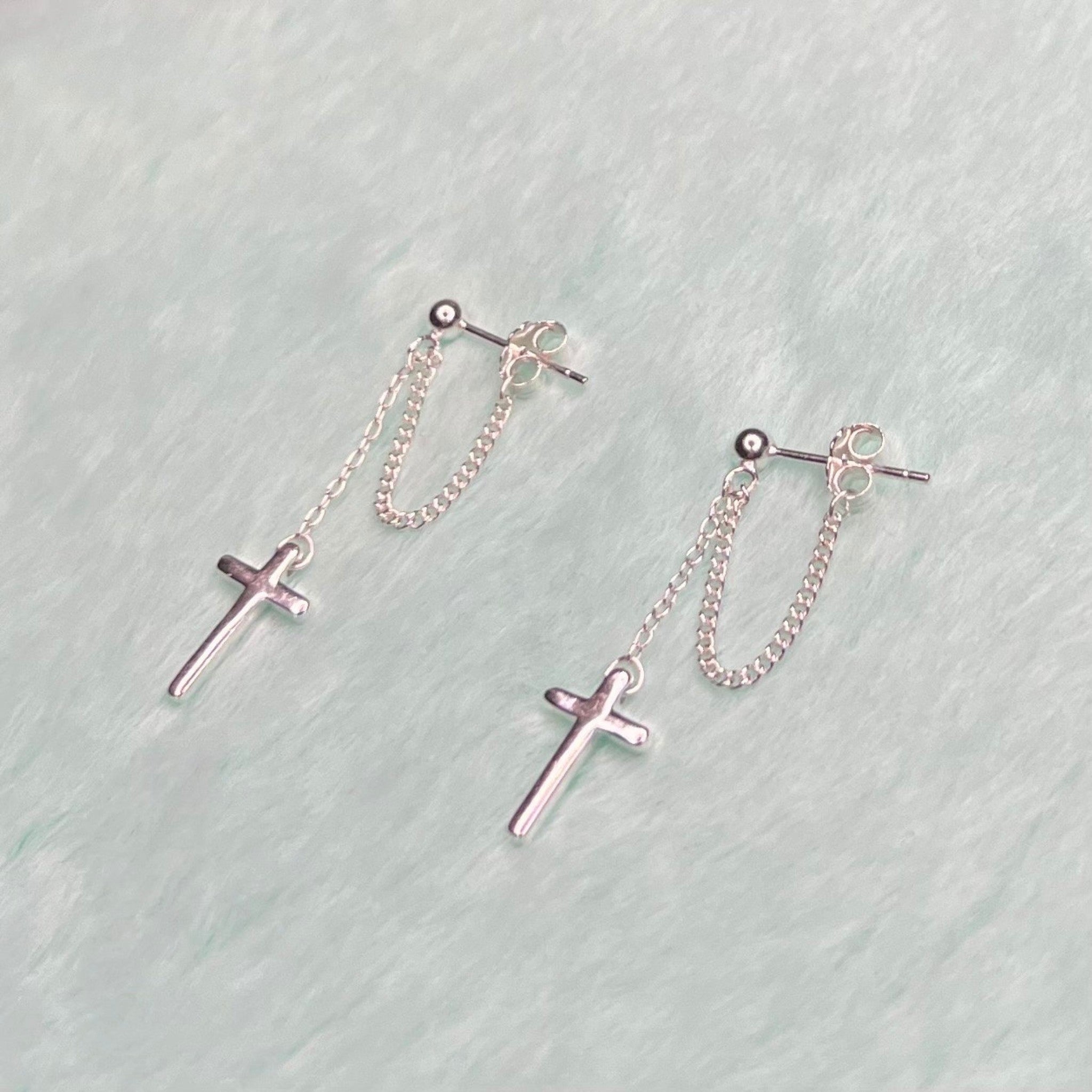 Silver Cross Chain Stud Earrings