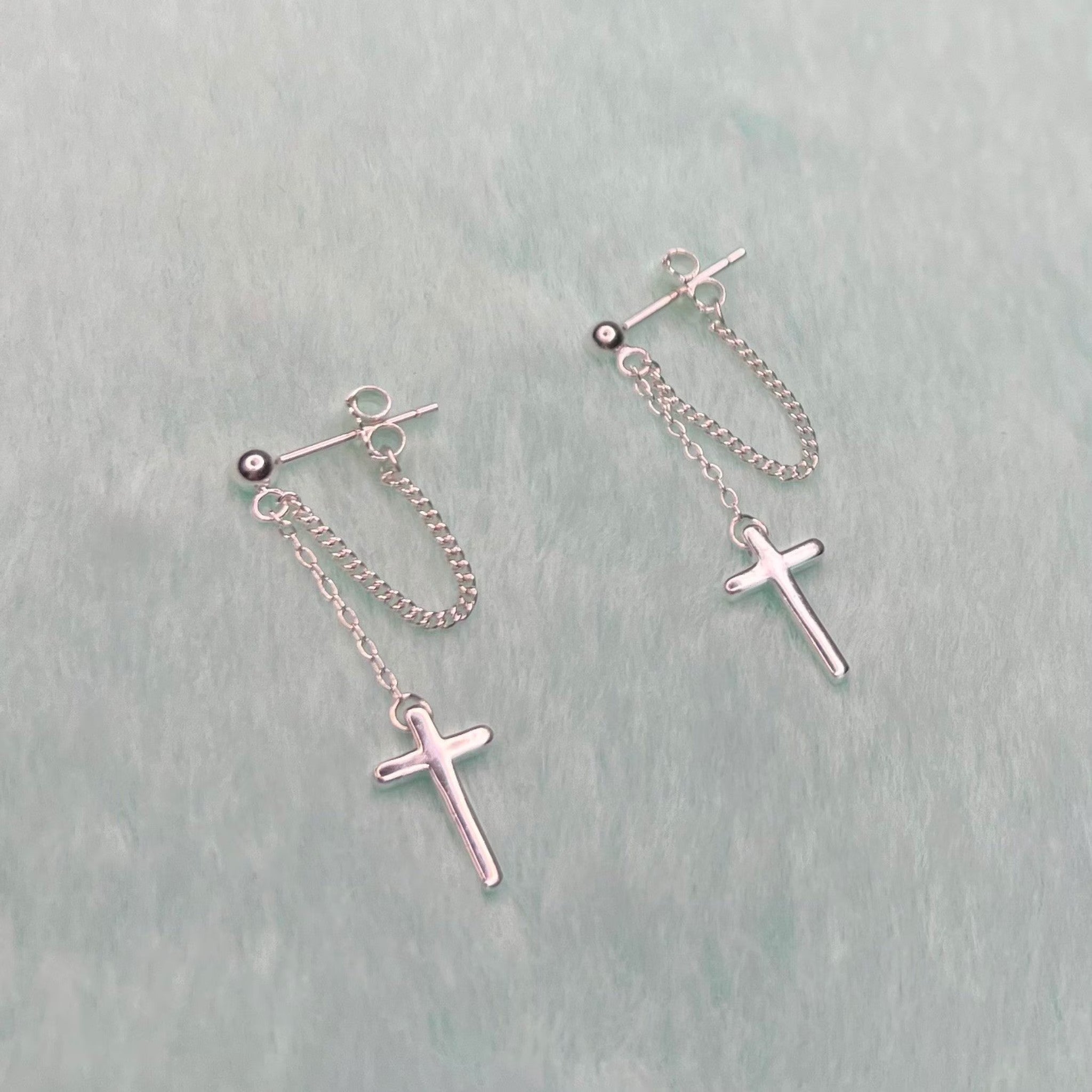 Silver Cross Chain Stud Earrings